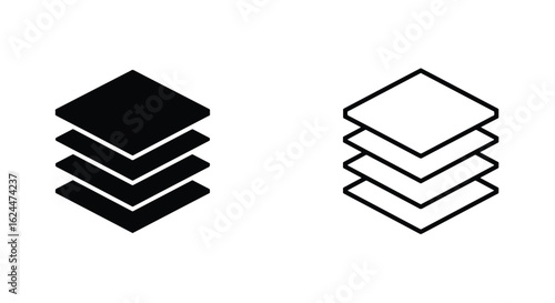 Two icons of stacked layers, one solid black and one outlined, on a white background.