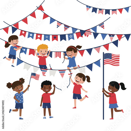 Children celebrating a patriotic event, adorned with American flags and bunting.