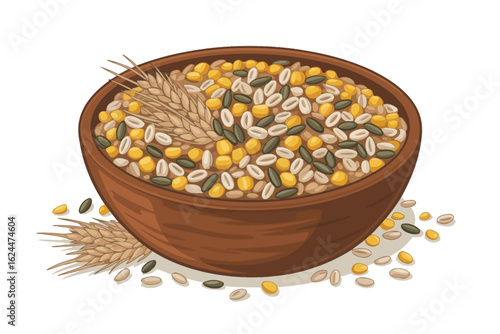 Bowl of mixed grains and seeds with wheat ears