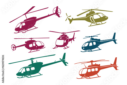 Helicopter Fleet: A colorful illustration featuring a fleet of diverse helicopter designs, presented in a vivid and dynamic arrangement.