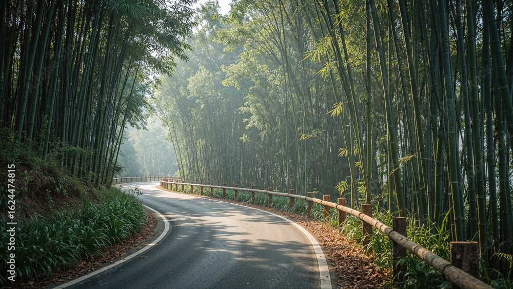 Obraz premium Mountain road surrounded by lush bamboo stands under soft daylight