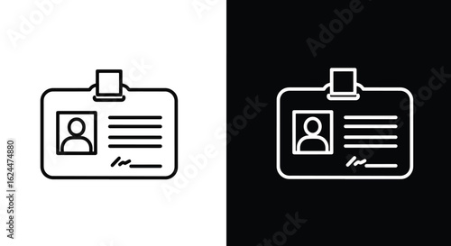 Minimalist outline icons of an identification badge with a clip, photo placeholder, and signature.