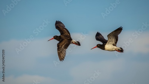 Wildlife Scene: Oystercatchers in Flight with Vivid Plumage
