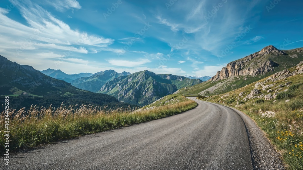 Naklejka premium A solitary road traversing a mountain range with a vivid blue sky overhead