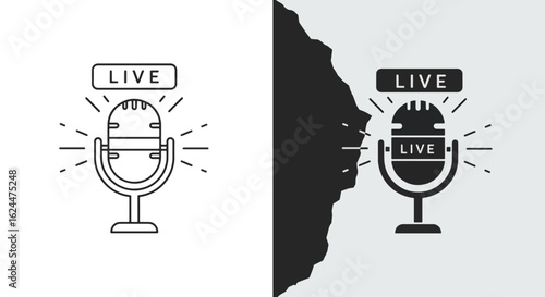 Set of vintage microphone icons for a live broadcast, shown in outline and solid silhouette styles.
