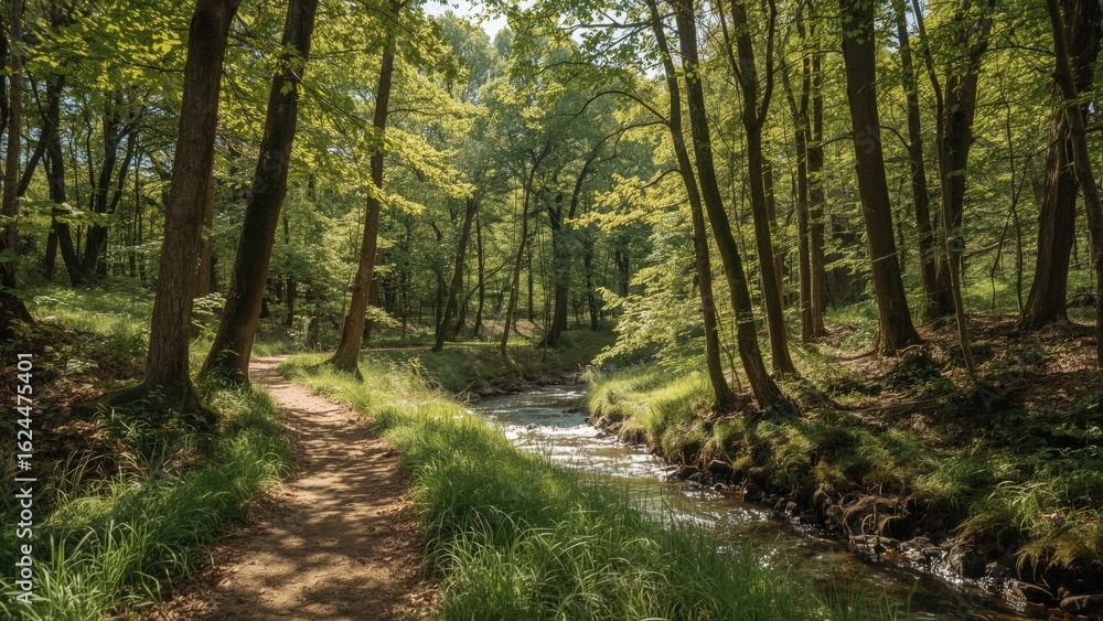 Naklejka premium Design showcasing a natural trail in dense forest with a stream flowing at the side, abstract summer nature background
