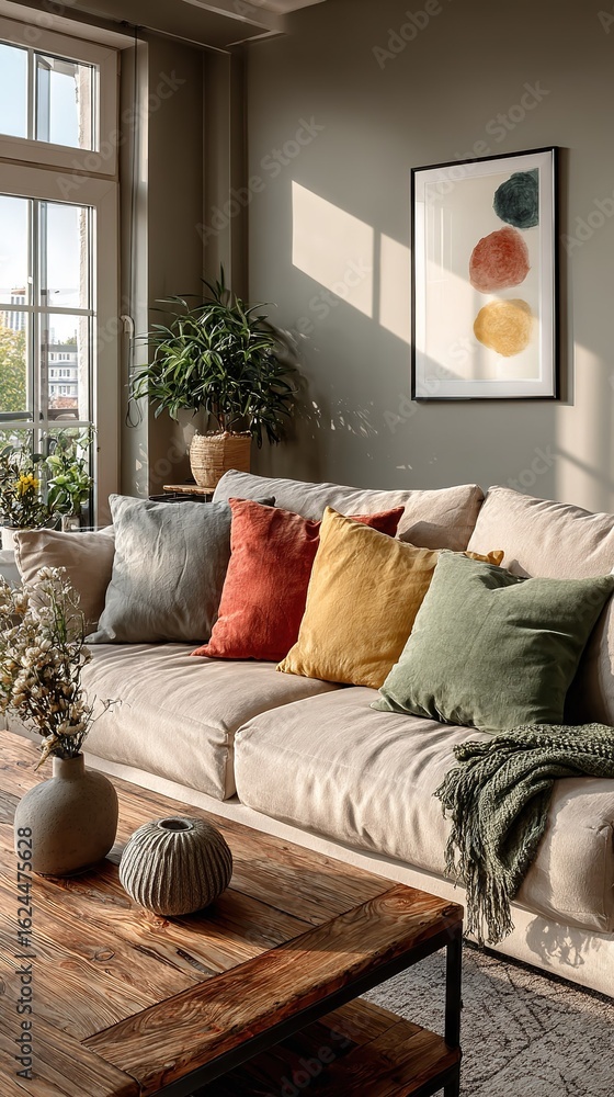 Fototapeta premium Warm Light Living Room: Beige Sofa with Colorful Cushions and Wooden Coffee Table Creating a Cozy Home Corner