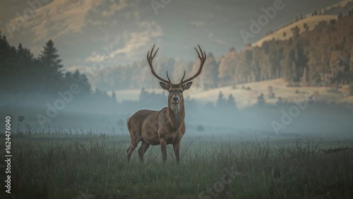 A majestic 13-point red deer stag stands in early fog