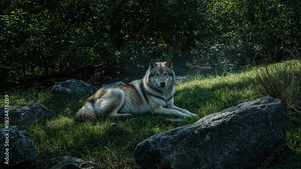 Fototapeta premium An impressive gray wolf relaxing in an outdoor environment surrounded by lush greenery and stones