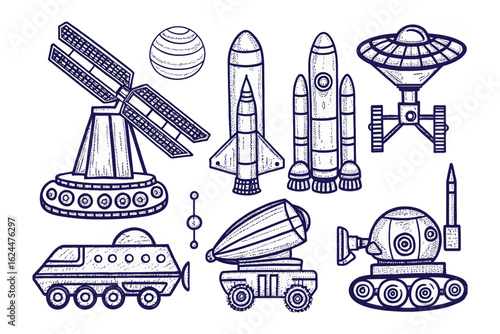 Space Exploration Sketch: Artistic illustration of a space station satellite dish, spaceship, rockets, and spaceship vehicle exploration.