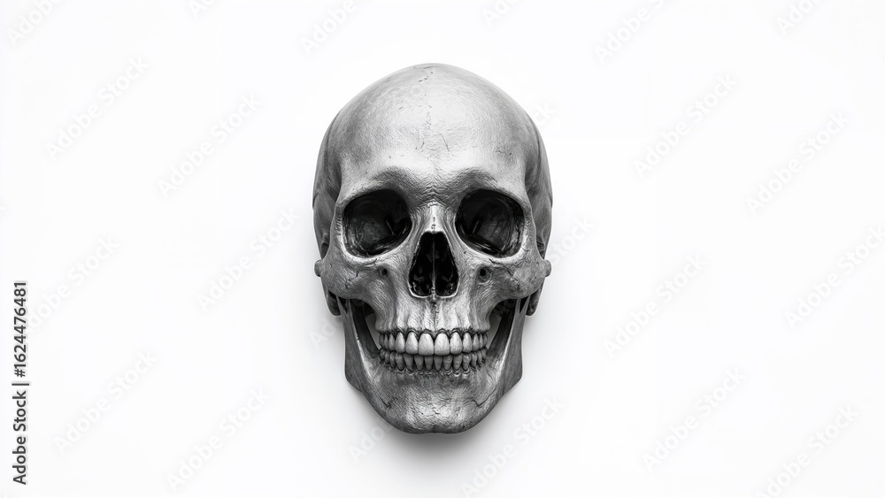 Black and white depiction of a human skull with a clipping path on a plain white backdrop Black and white depiction of a human skull with a clipping path on a plain white backdrop