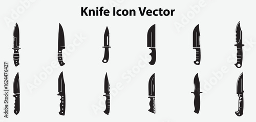 Knife Icon Vector Set: Silhouettes of various knife types, suitable for military, hunting, kitchen, and utility uses.