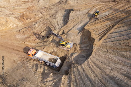 aerial view of quarry. excavator loading sand into dump truck