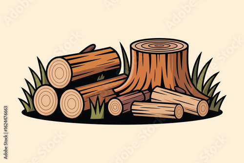 Illustration of a wood stump and cut logs in grass