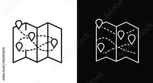 A set of black and white line icons depicting a journey on a folded map with location pins and a dotted route.