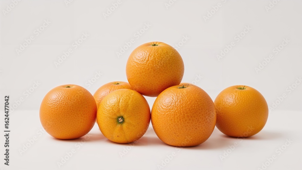 A cluster of bright, peelable, succulent oranges set against a plain white backdrop. A cluster of bright, peelable, succulent oranges set against a plain white backdrop.