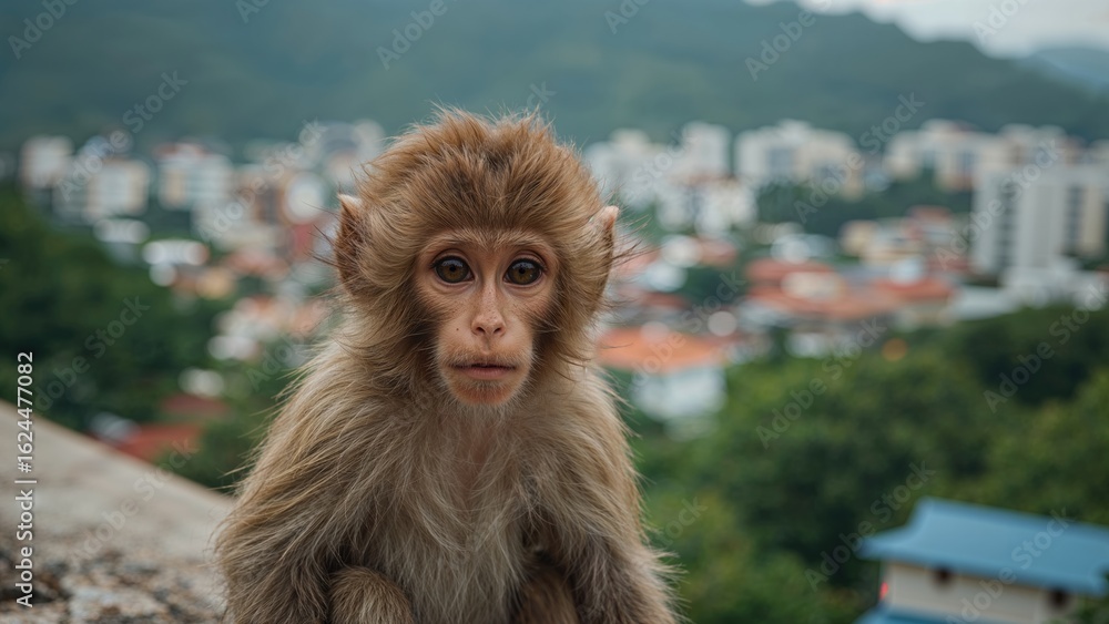 Naklejka premium An adorable monkey resides in urban areas of Southeast Asia