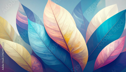 A vibrant abstract autumn background filled with large, colorful tree leaves of different shapes and sizes, scattered in a flowing, artistic composition.