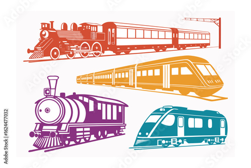 Trains assortment: Diverse types of locomotive and railway vehicles, showcasing a range of transportation designs in a stylized and modern illustration.