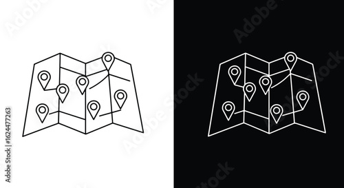 A minimalist line icon of a folded map with multiple location pins and a connecting route, shown in black and white versions.