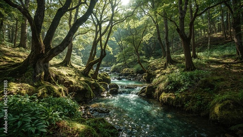 A flowing stream winds through lush greenery in a serene woodland