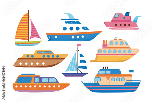 Boats Collection: A collection of colorful boats on the open sea, inviting you on an imaginary journey. Showcasing the variety and beauty of nautical vessels. 