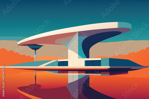 modern architectural structure floating above wate.eps