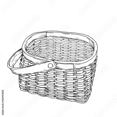 Wicker basket made of vines with a handle, black and white sketch. Vector illustration. The classic basket for picking mushrooms and autumn harvest is isolated on white background. For books, postcard