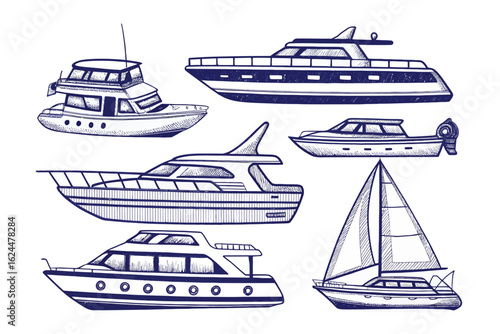 Nautical fleet illustration: A collection of meticulously sketched, diverse boats and yachts, presented in a sophisticated line-art style, evoking a sense of maritime adventure and luxurious leisure.