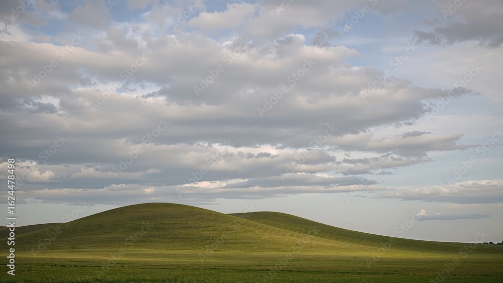 Fototapeta premium Green grass stretches out below a thick blanket of clouds.