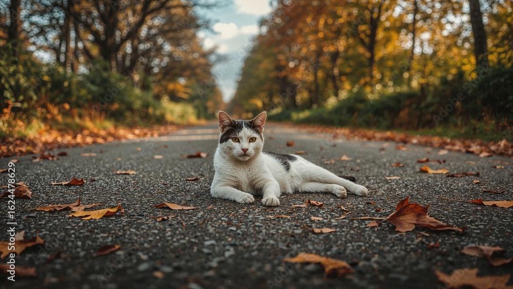 Fototapeta premium A solitary cat lying on the roadway