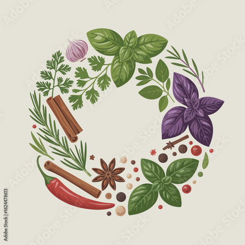 Round wreath of fresh herbs and spices for cooking and seasoning