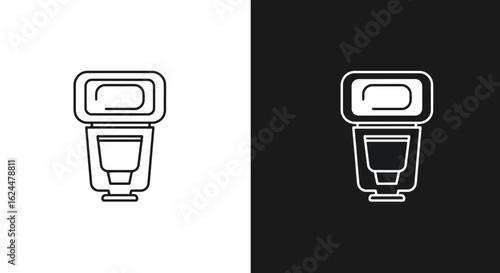 A simple line art icon of a camera flash unit, presented in both black on white and white on black versions.