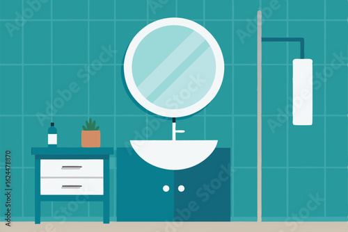 modern bathroom with floating vanity  round mirror (1).eps