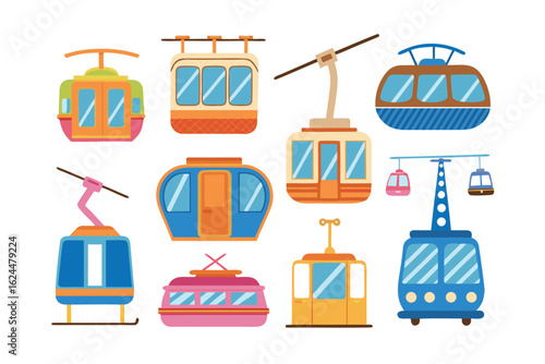 Colorful Aerial Tramway Collection: A vibrant collection of colorful aerial tramway, showcases various designs, perfect for conveying themes of travel, transportation, and adventure.