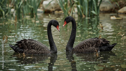 Fototapeta Naklejka Na Ścianę i Meble -  Two black swans swimming in a lake