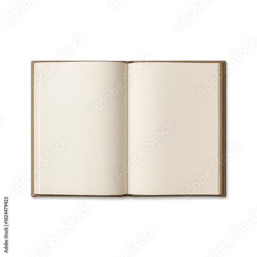 Open blank notebook with warm-toned pages on a dark striped background.