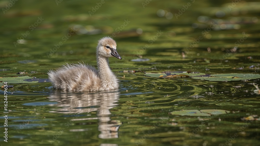 Fototapeta premium A swan cygnet floating serenely on the lake surface