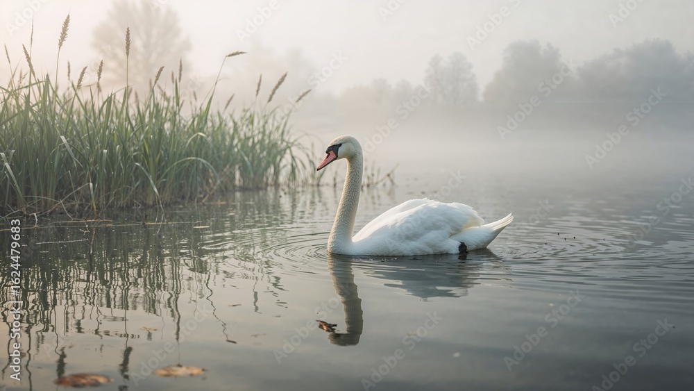 Obraz premium A calm, foggy lake features a graceful swan swimming