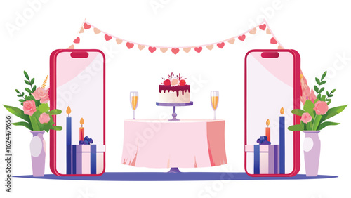 Virtual birthday celebration with cake champagne phones flowers gifts and heart garland decoration arrangement