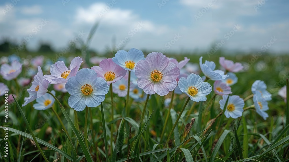 Fototapeta premium Colorful Persian buttercups flourish vividly, their tender petals fluttering in the light spring air.