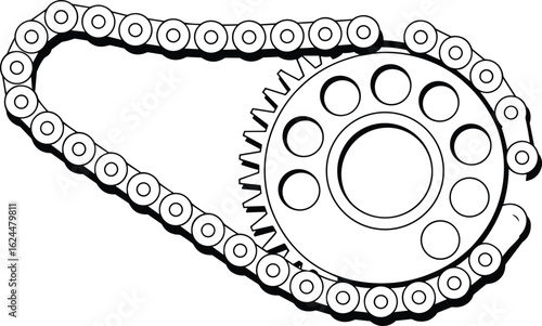 Mechanical chain and sprocket system, engineering precision, industrial machinery components, gear design, machine parts, vector illustration, mechanical drawing