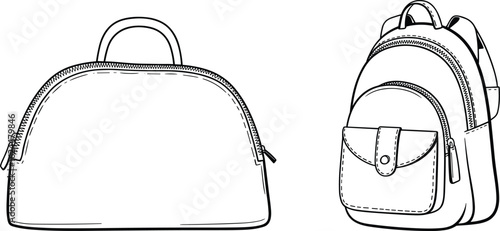 Stylish handbag and backpack, front view illustration, zipper closure, flap pocket, shoulder straps, travel gear, school accessory, fashion design, casual style, vector sketch