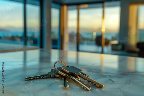 Keys on the table against the background of the living room interior. Buying an apartment, renting or leasing real estate, the process of buying a house, mortgage agreements