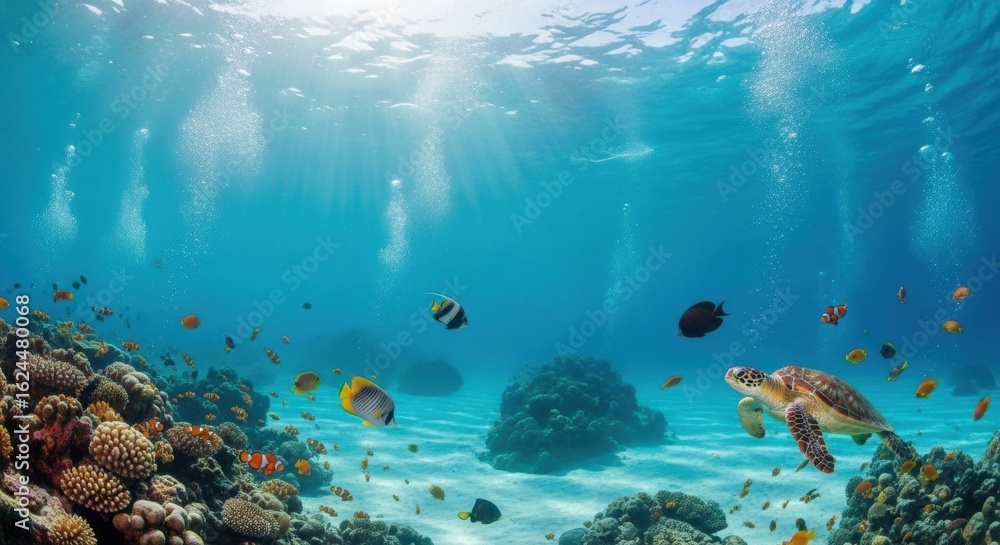 Naklejka premium Vibrant Coral Reef Ecosystem: Turtle, Fish, and Sunlit Ocean Depths