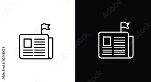 A minimalist line art icon of a newspaper with a flag, shown in black and white versions.