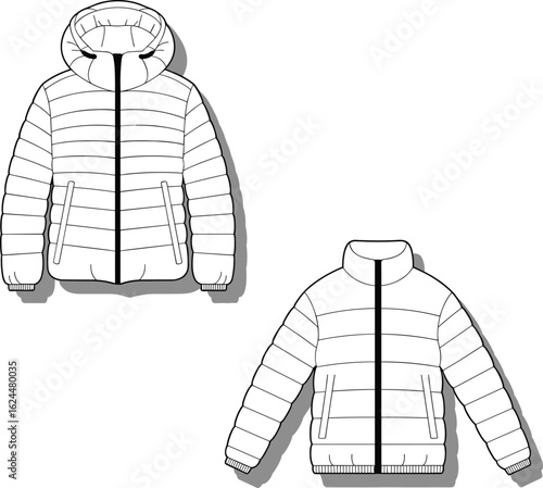 Stylish winter jackets, hooded and collared design, padded outerwear, cold weather fashion, cozy fit, zipper closure, trendy apparel, vector sketch, insulated layers, functional style