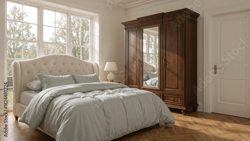 Wallpaper Mural In a bright bedroom, a comfy bed is placed next to a glass bedside table near a window, across from a wardrobe with a mirror Torontodigital.ca