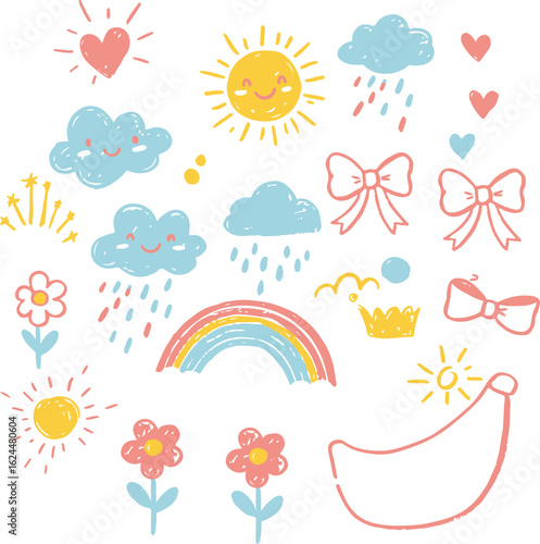 Adorable Hand Drawn Collection of Cute Weather and Decorative Elements Keywords: sun, cloud, rain, rainbow, flower, heart, star, bow, drawing, doodle, cute, weather, nature, sky, happy, cheerful