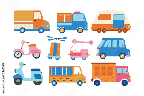Variety of Vehicles: A colorful array of various vehicles, showcasing a diverse range of transportation options. Ideal for illustrating movement, travel.